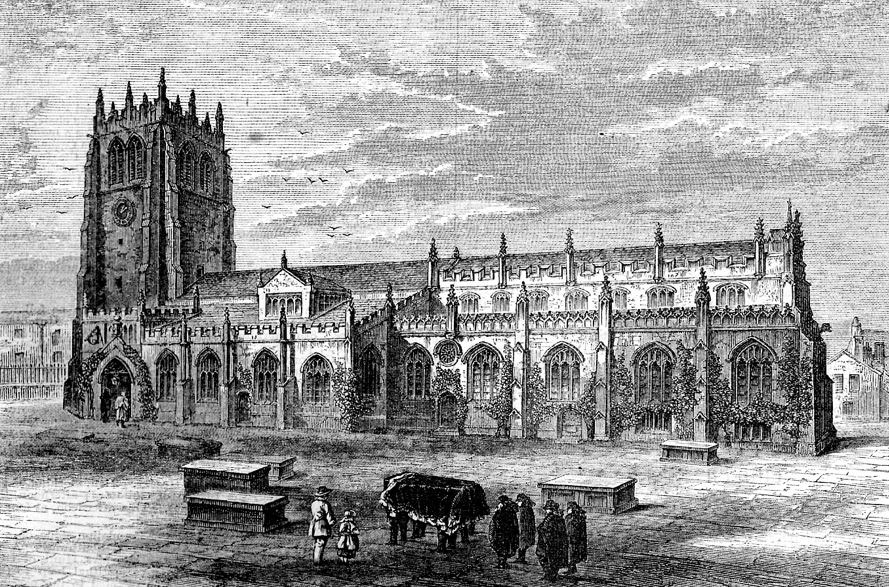 Halifax Parish Church with funeral procession outside mid-C19