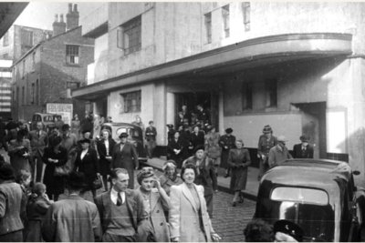 A black and white image of the Oldham Colisuem