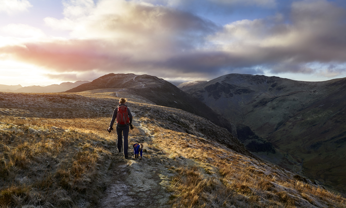 A hiker walks in winter 