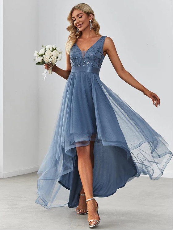 Elegant High-Low Deep V Neck Tulle Evening Dress