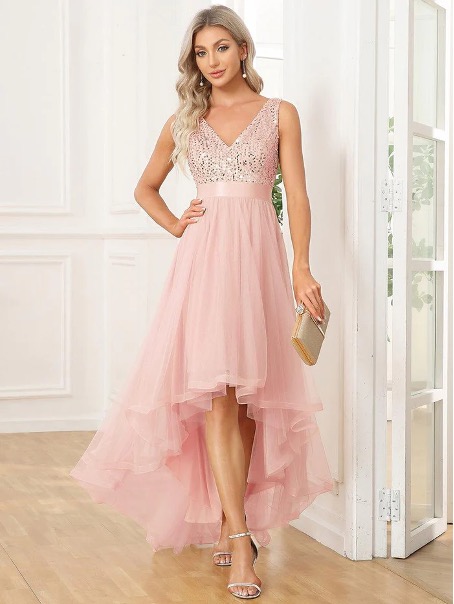 Sequin V-Neck Sleeveless High-Low Evening Dress