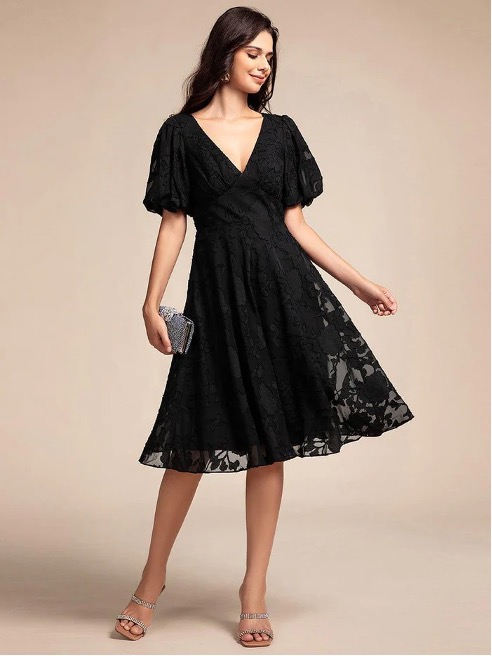 V-neck Puffy Midi Wedding Guest Dress