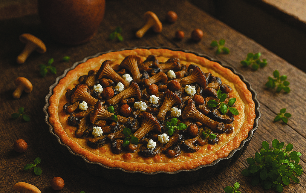 Autumn Wild Greens & Trooping Funnel Tart with Goat’s Cheese & Hazelnuts