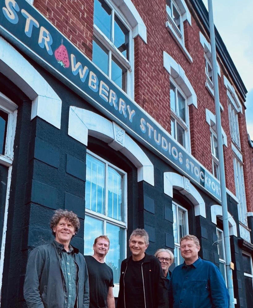 The band at Strawberry Studios, 2025,where early MB singles were recorded