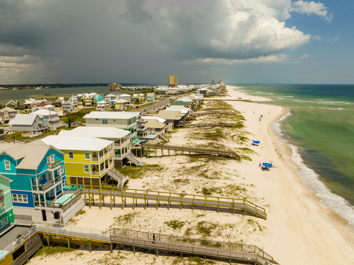 Aerial photo luxury beachfront homes in Gulfshores Alabama