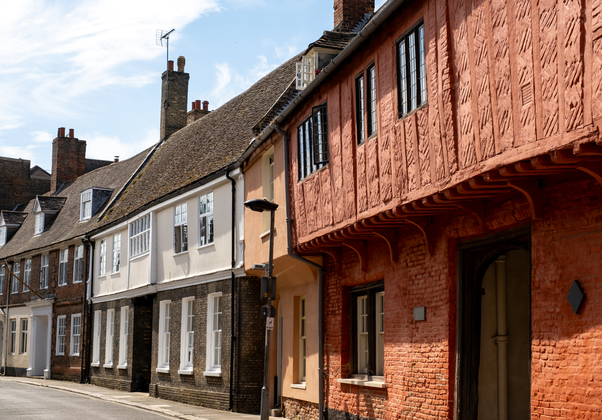 A row of old, ancient and medieval cottages in the town