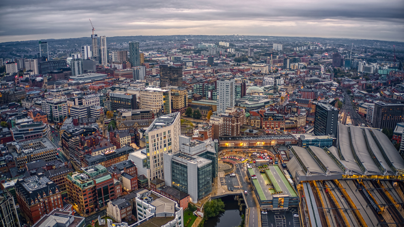 Aerial View of Leeds, England, United Kingdom on a cloudy Day