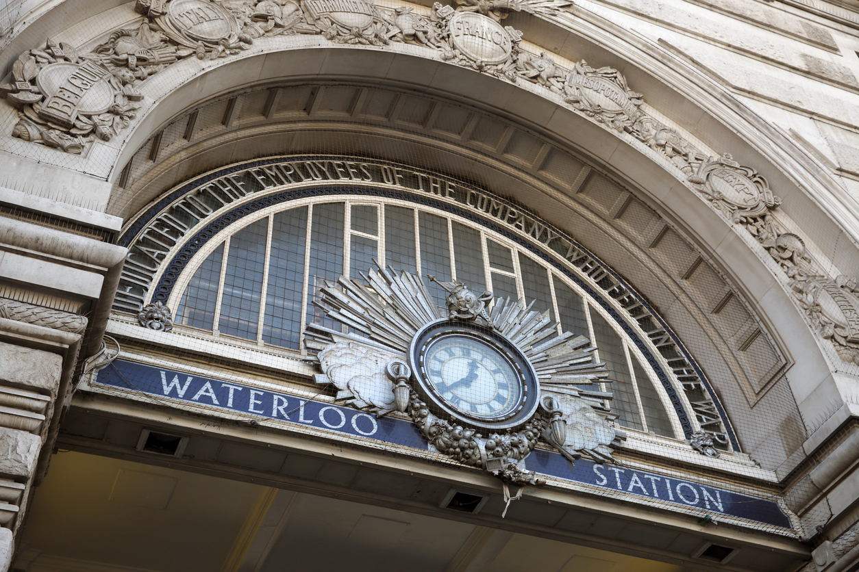 Entrance doorway sign to London Waterloo train station, England.