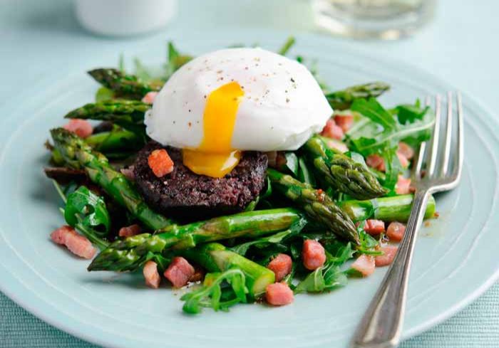 Baked British asparagus pancetta black pudding salad