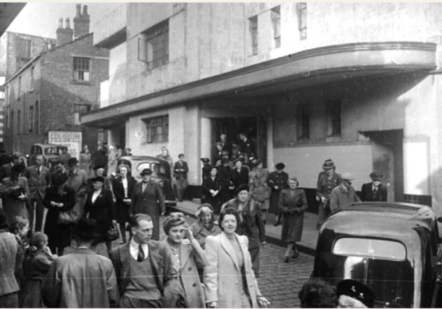 A black and white image of the Oldham Colisuem