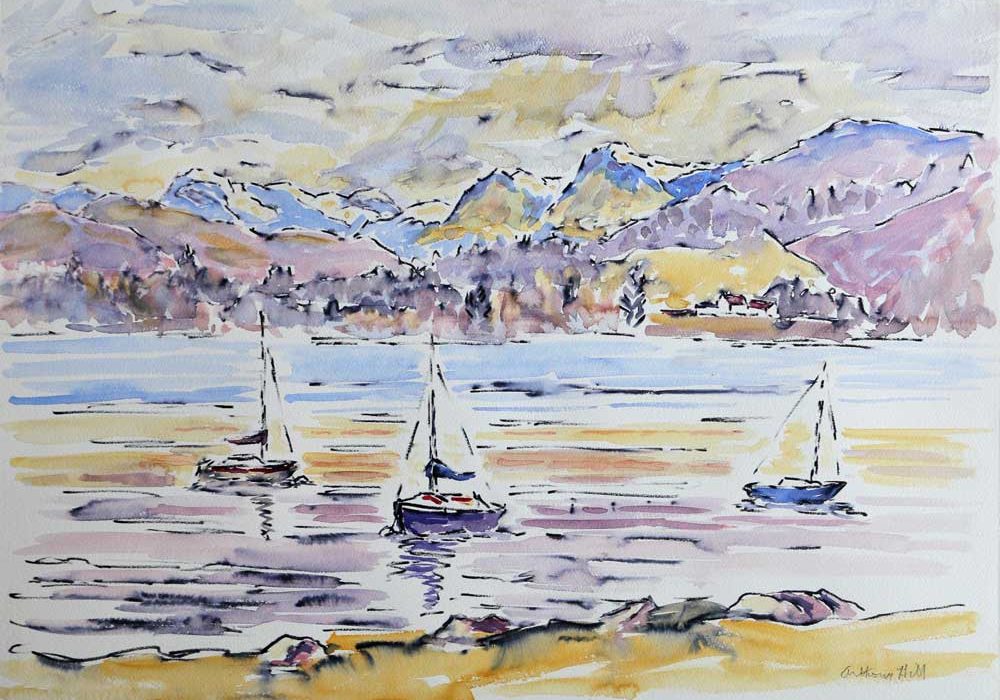 Langdale Pikes in the snow- Anthony W Hill from across Windermere - Anthony W Hill