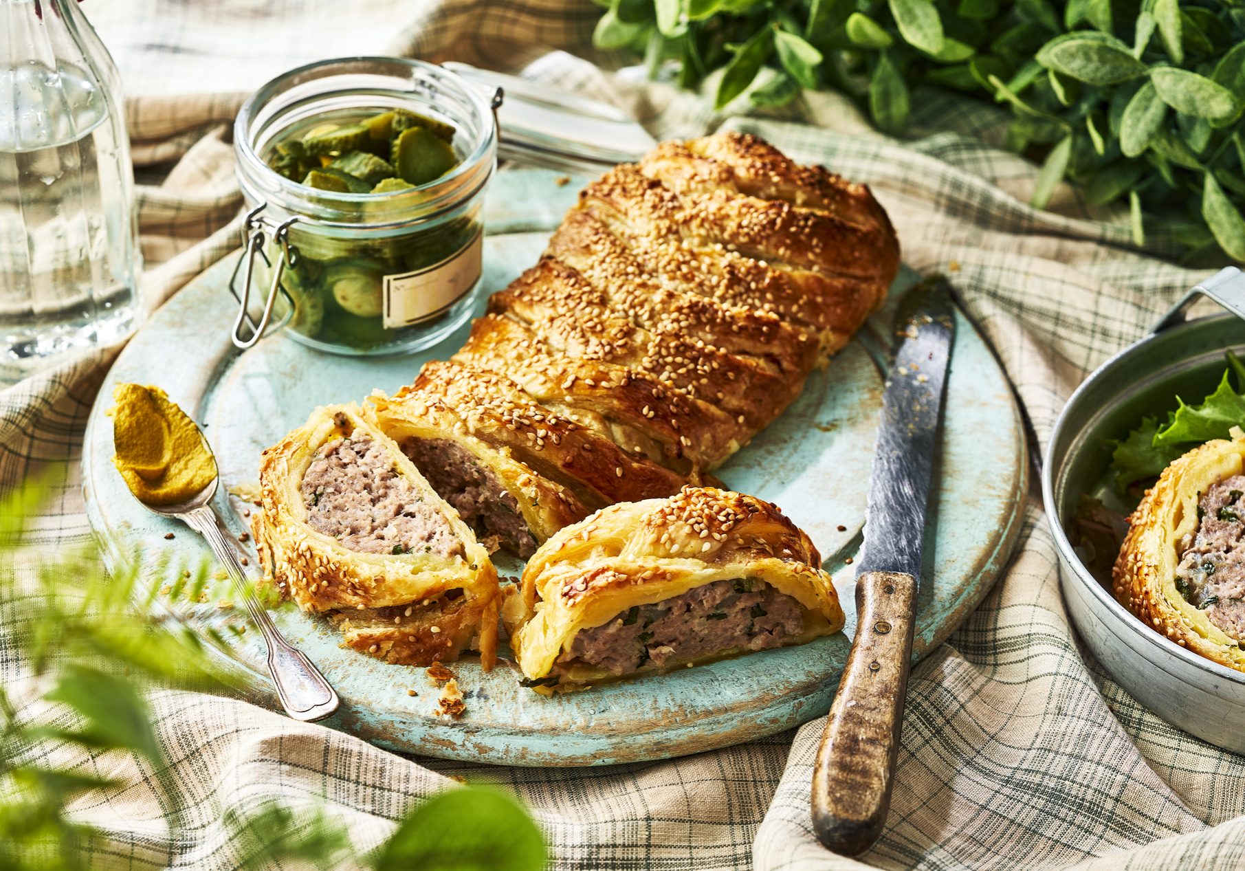 Picnic Sausage Plait with Strong English Mustard - Landscape no jar