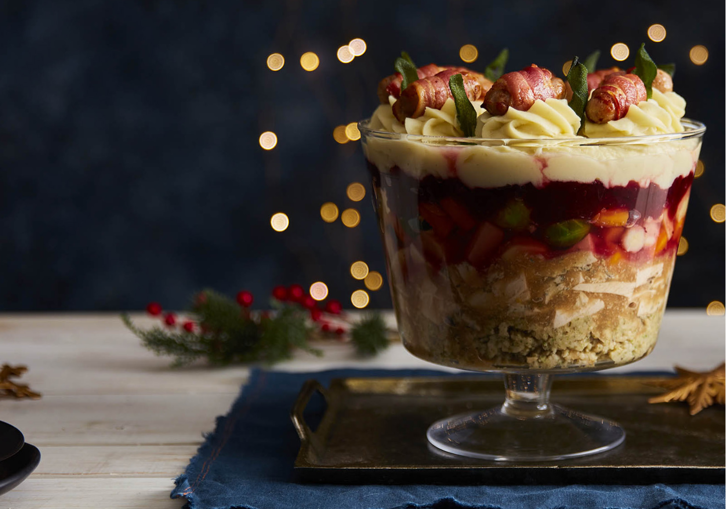 Savoury Trifle with Turkey, Vegetables & Pigs in Blankets