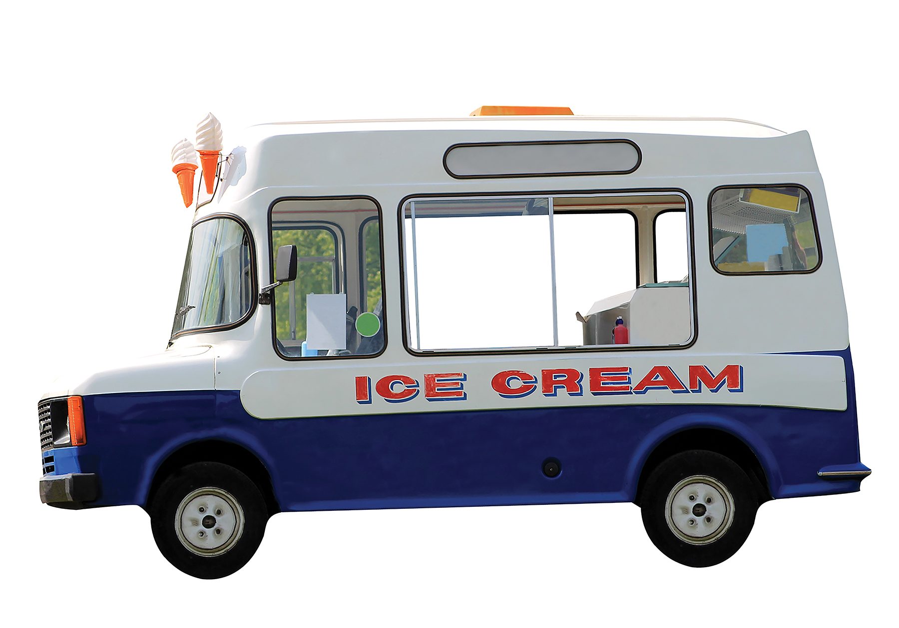 Side view of ice cream van isolated on white background.