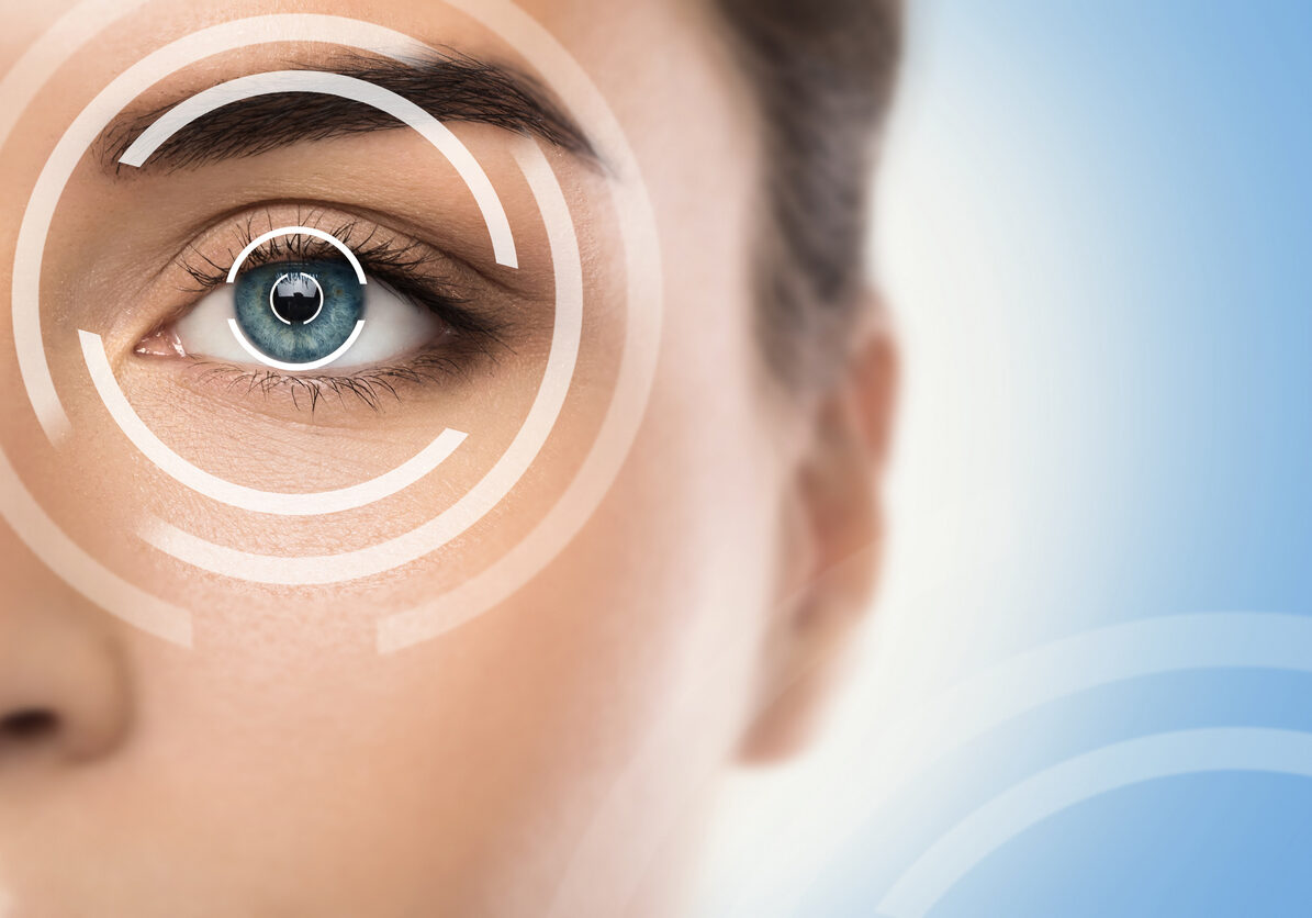 Close-up of female eye. Concepts of laser eye surgery or visual acuity check-up