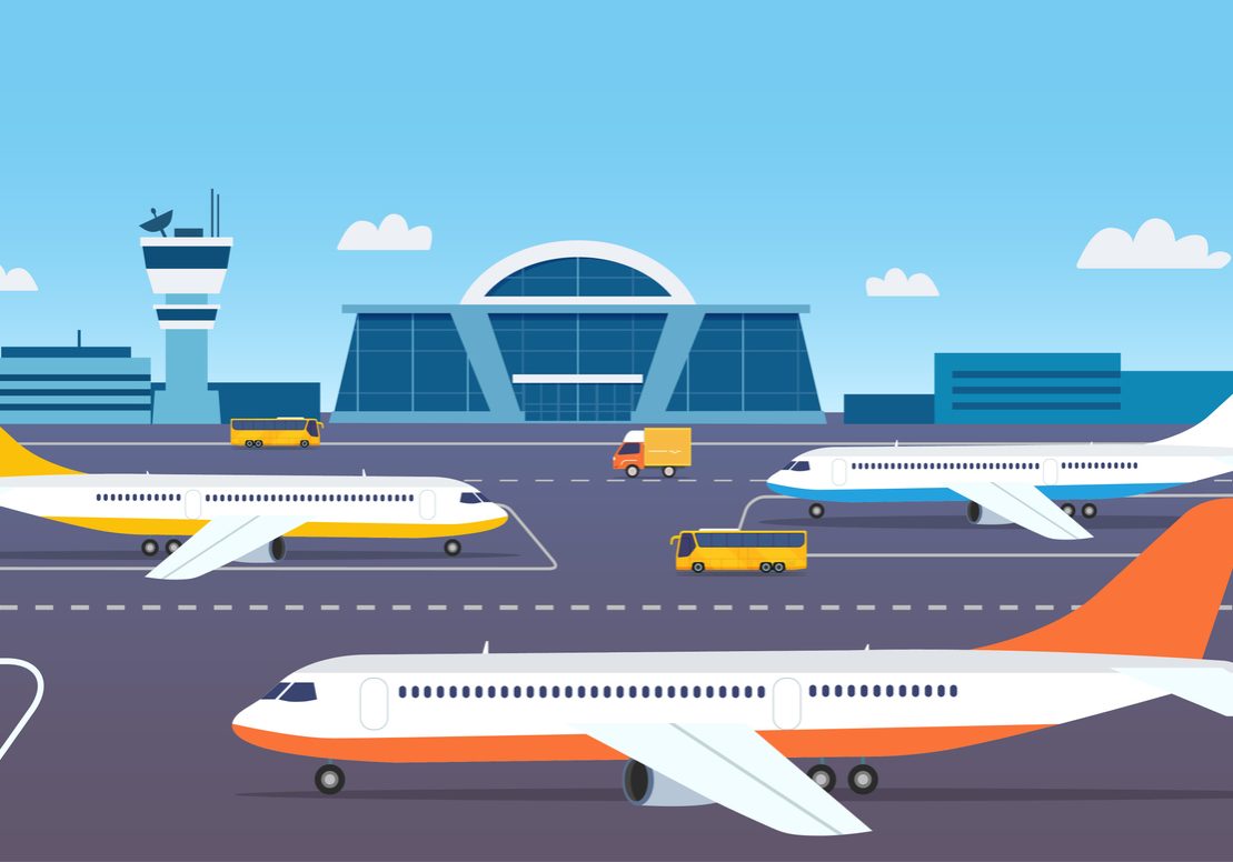 Airport building exterior with buses and airplanes. Vector flat style illustration.