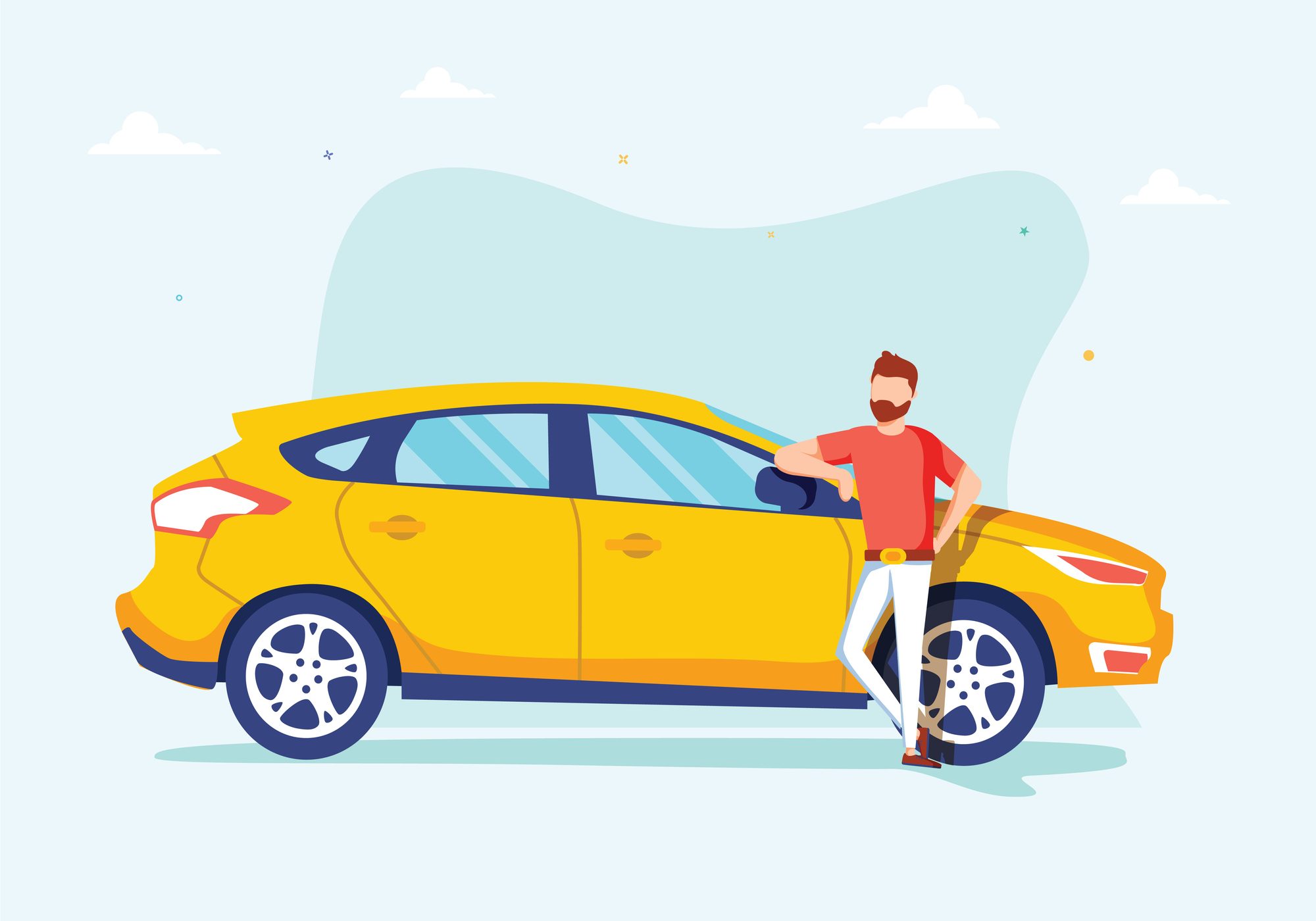 Happy successful man is standing next to a yellow car on a background. Vector illustration in cartoon style. Automobile dealer concept. Happy taxi driver near his car, illustration for taxi app