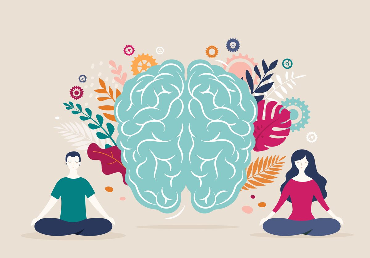 Young woman and man sit with crossed legs and meditate with brain icon on the background. Vector illustration