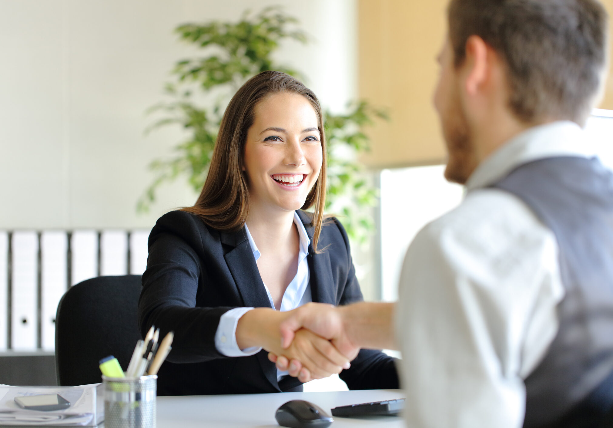 Businesspeople handshaking after deal or interview