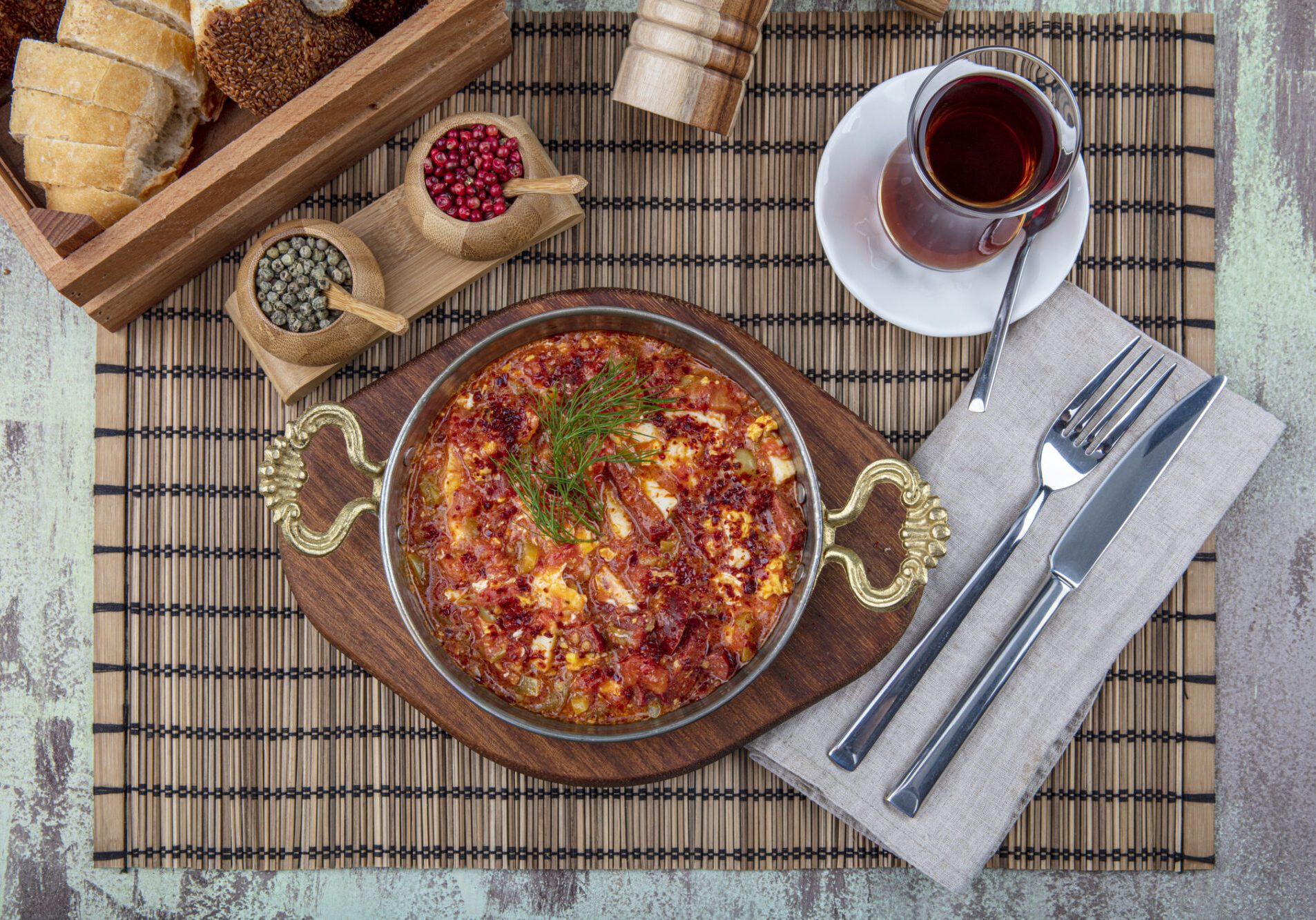 Traditional turkish food menemen, made by eggs, sausage (sucuk) and tomatoes.