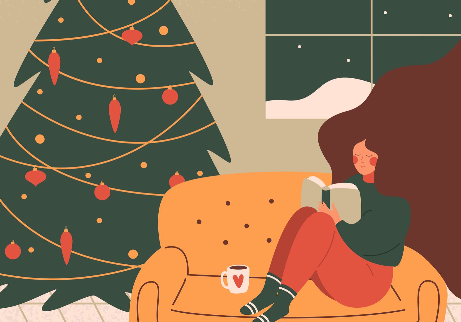 A cute woman relaxes with a book in a cozy living room decorated for Christmas holiday. Colorful vector illustration in flat cartoon style.