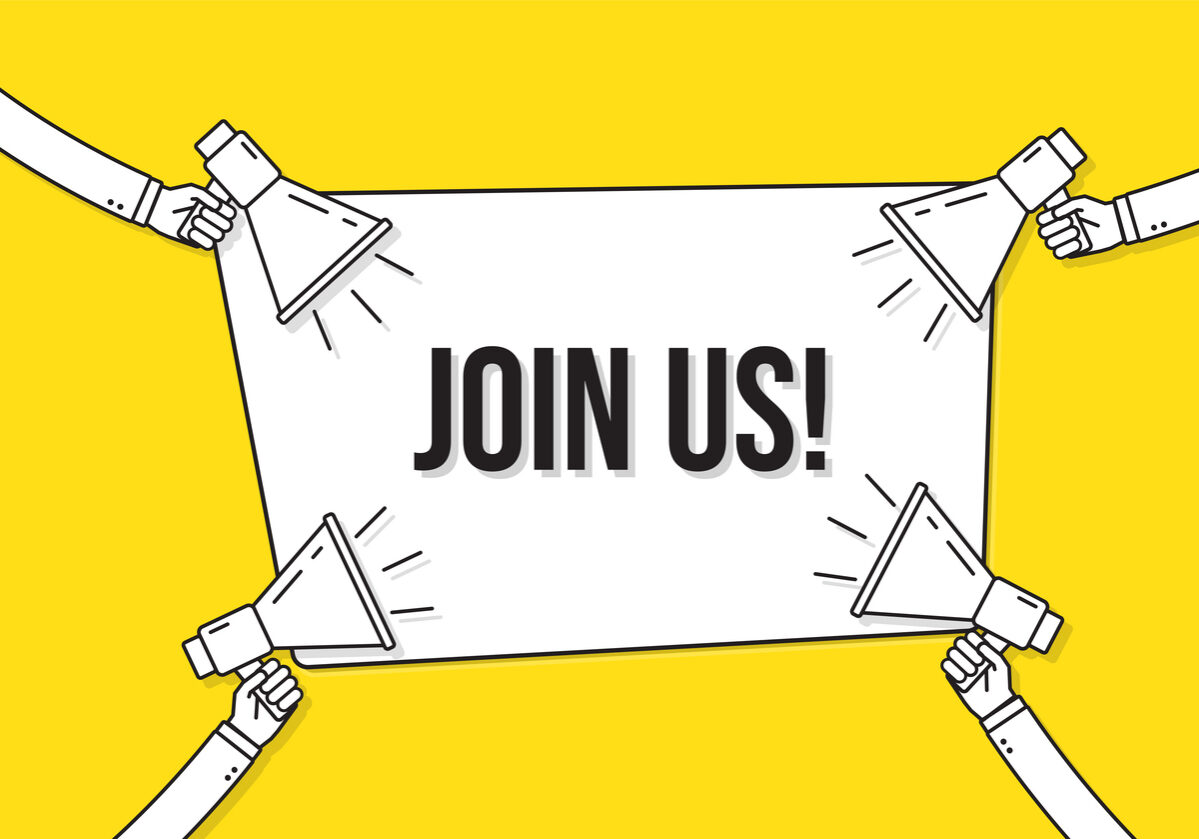 Megaphones with join us banner. Recruitment, hiring design concept. Speech bubble on yellow background. Hand holding loudspeaker. Join the team message. Flat vector illustration