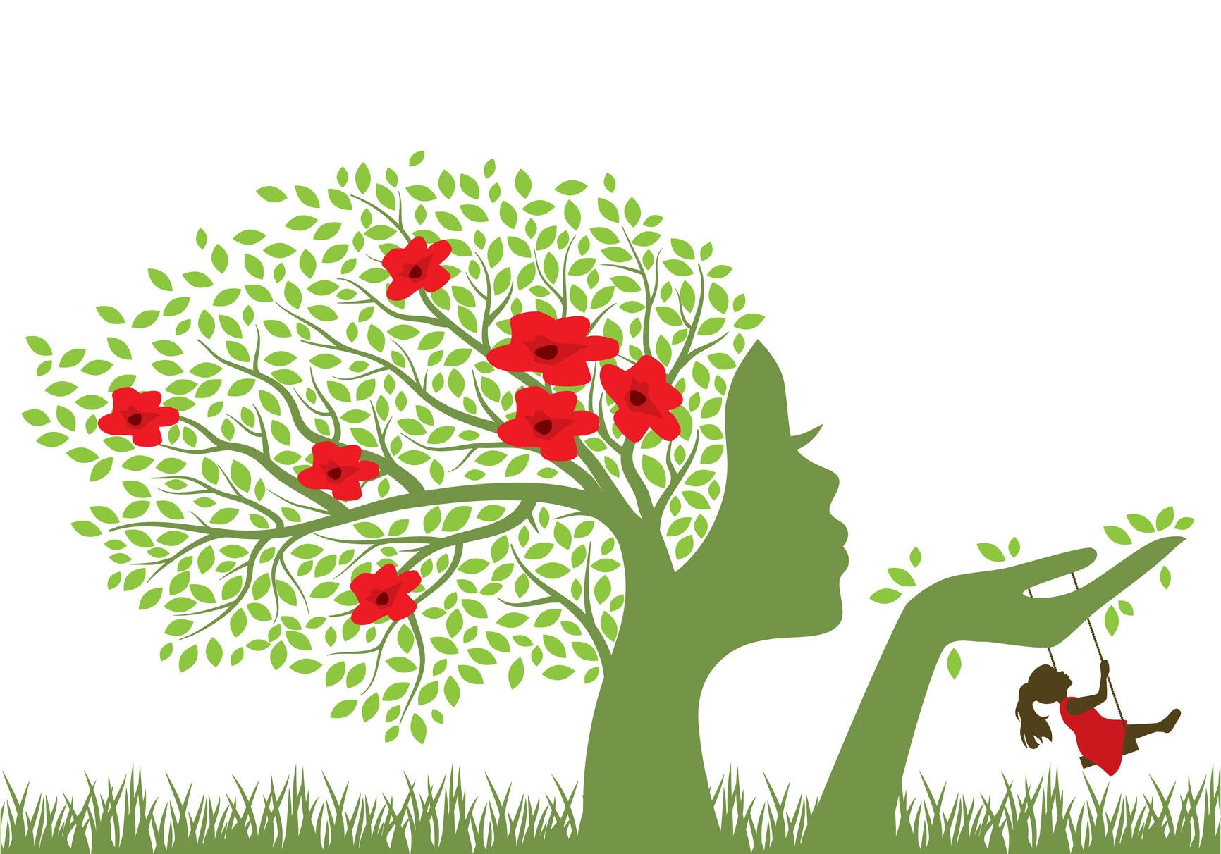 Blooming tree with female face holding swing for little girl, vector graphic design element