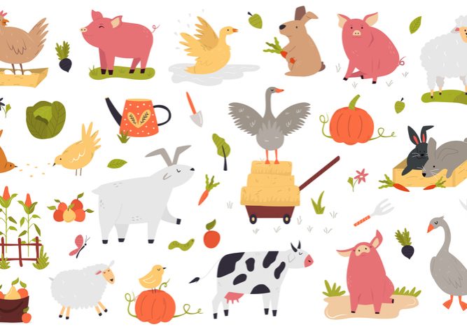 Big set of funny farm animals cow, piglet, rabbit, hen, goose, goat sheep