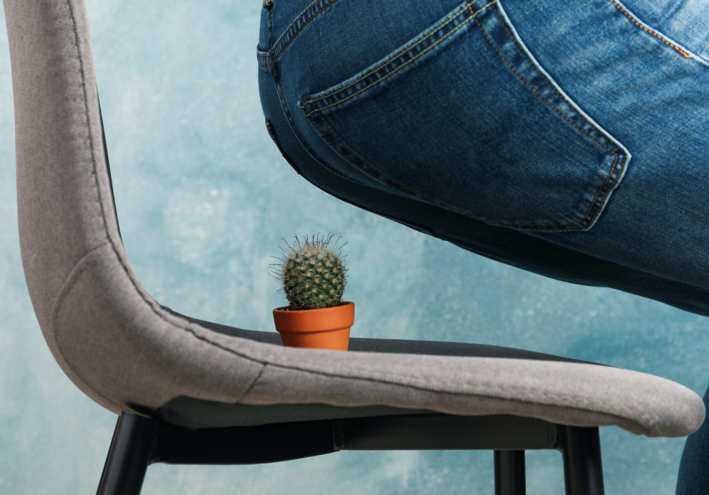 Man sit on a chair with cactus. Hemorrhoids