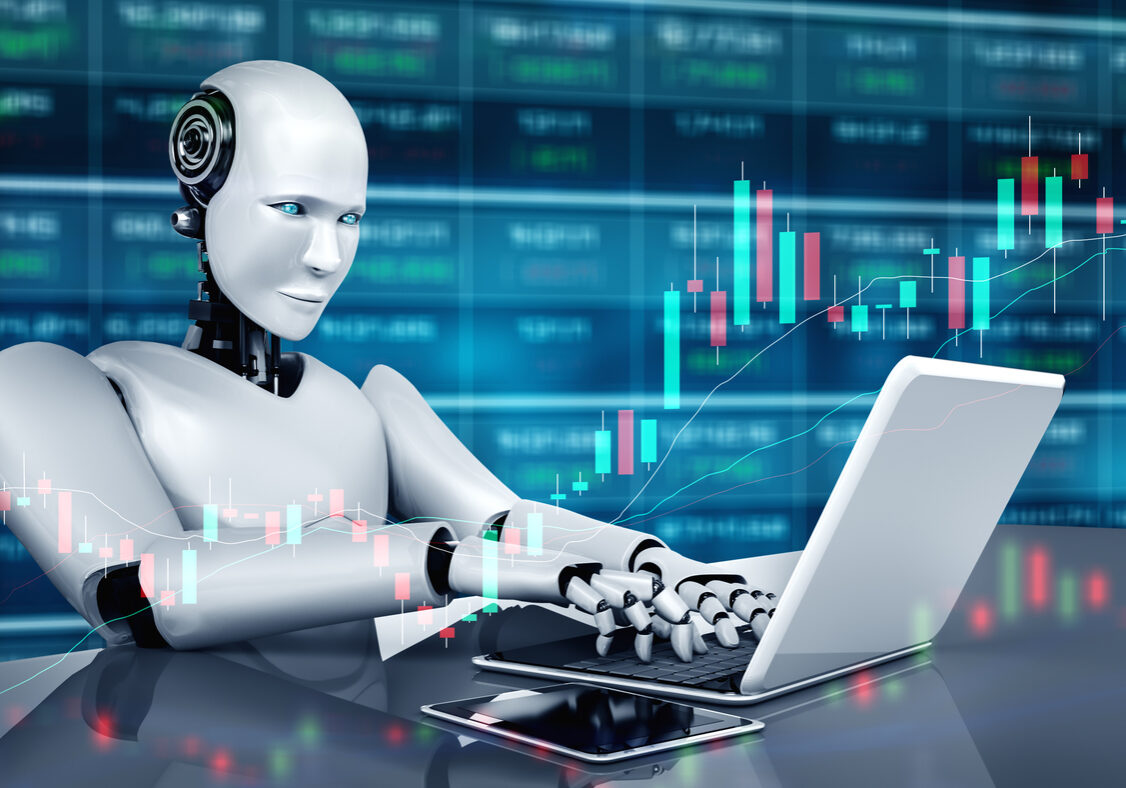 Future financial technology controlled by AI robot using machine learning and artificial intelligence to analyze business data and give advice on investment and trading decision . 3D illustration .