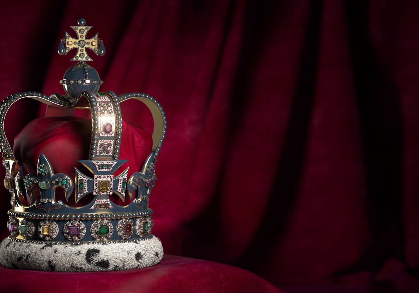 Royal golden crown with jewels on pillow on pink red background. Symbols of UK United Kingdom monarchy. 3d illustration