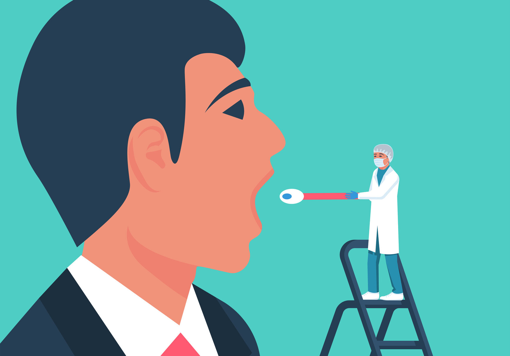 Nasal swab laboratory test from mouth. Person express test. Study of patients. Diagnosis of coronavirus COVID-19. Doctor in medical gloves makes an analysis. Vector design. Isolated on background.