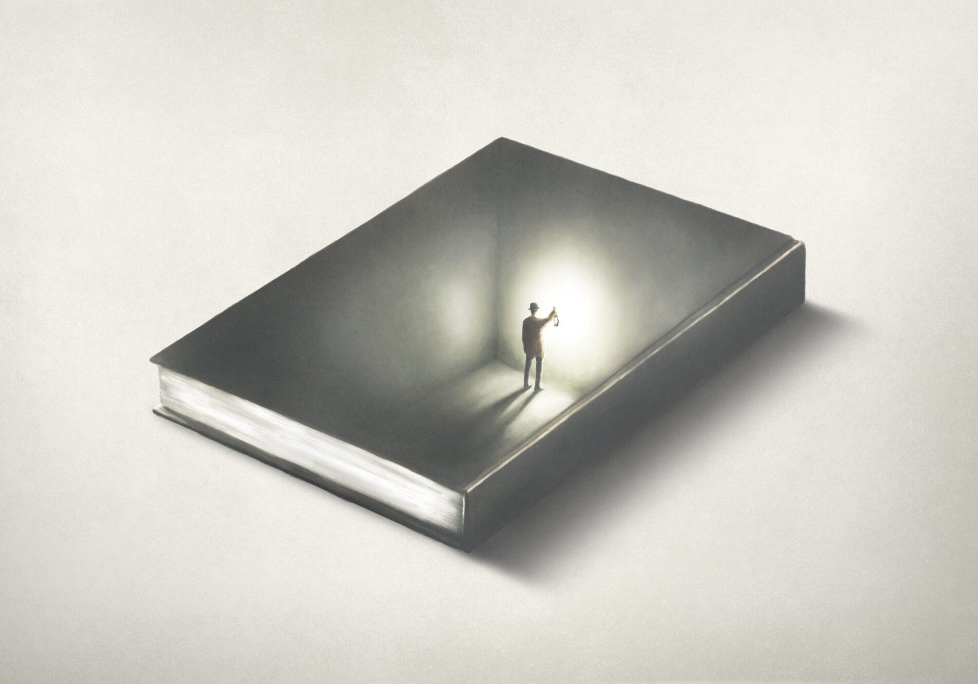 illustration of man inside a book, surreal optical illusion educational concept