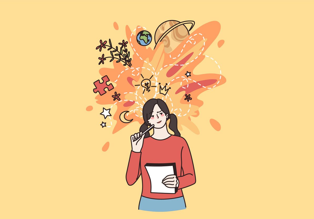 Young woman hold paper think or visualize ideas, brainstorm contemplating. Millennial girl student write in notebook, engaged in creative thinking. Inspiration, visualization. Vector illustration.