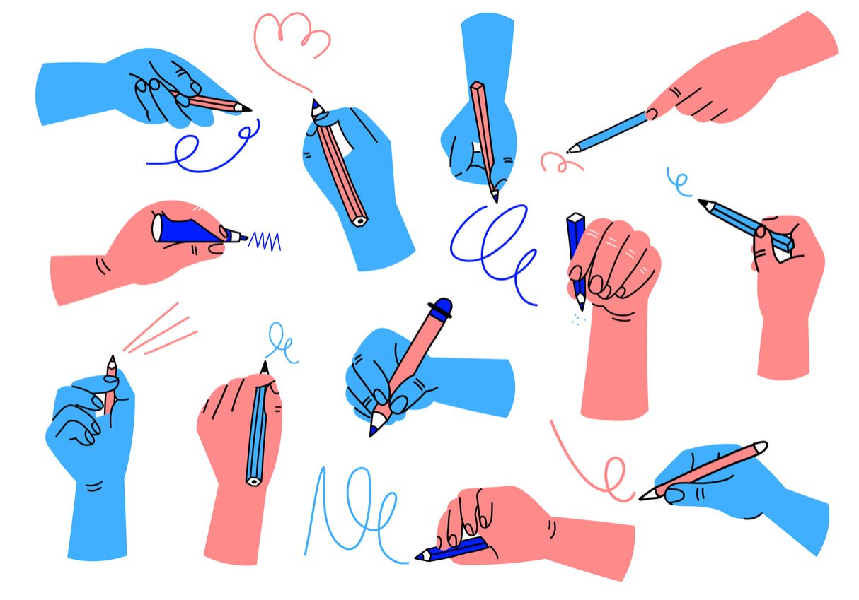 Writing hands. Colorful human hand hold pencil, pen and brush. Doodle drawing or sketching process, cartoon arms trendy colors, different fingers positions, vector isolated on white background set