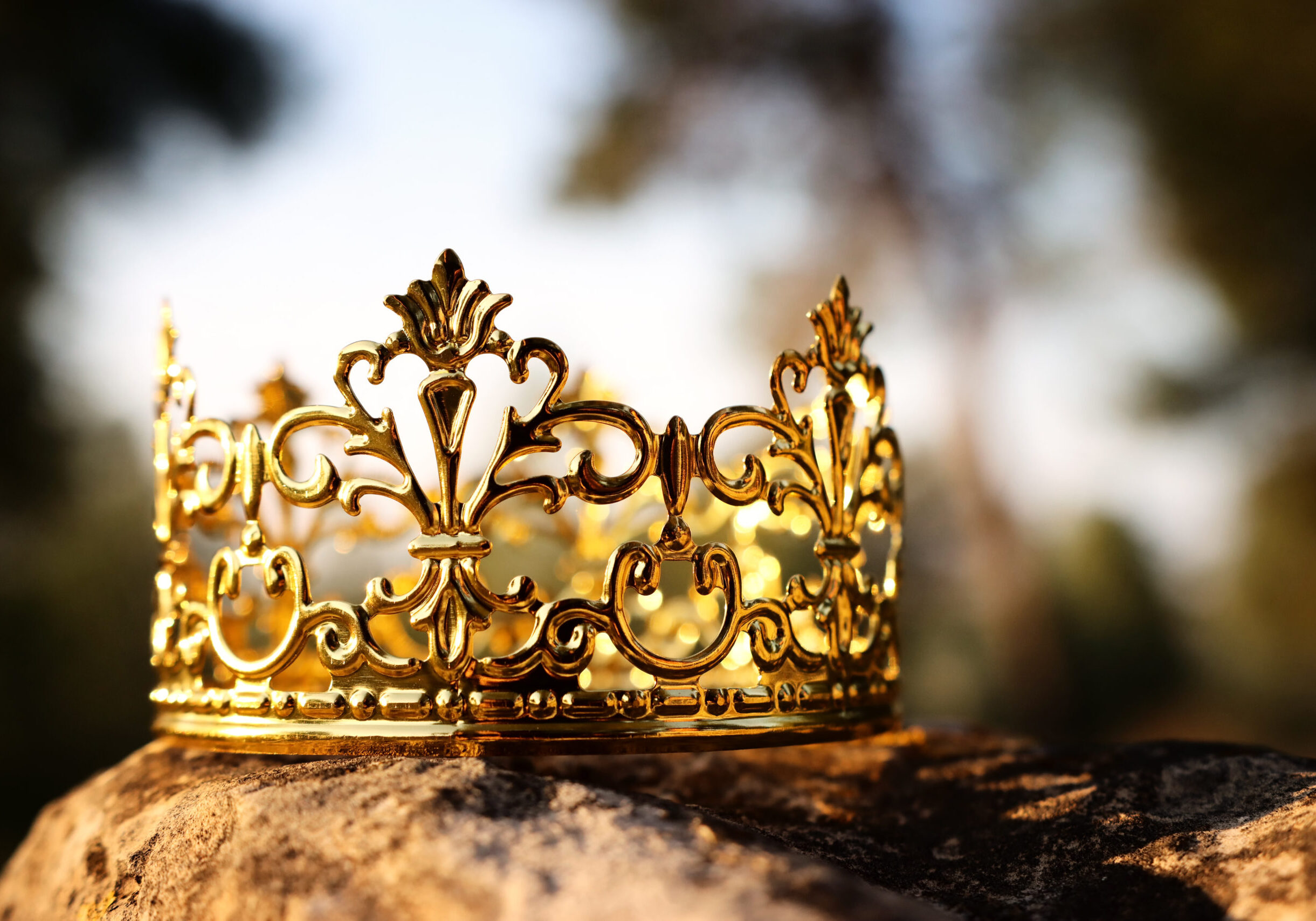 mysterious and magical photo of gold king crown in the woods over stone. Medieval period concept.