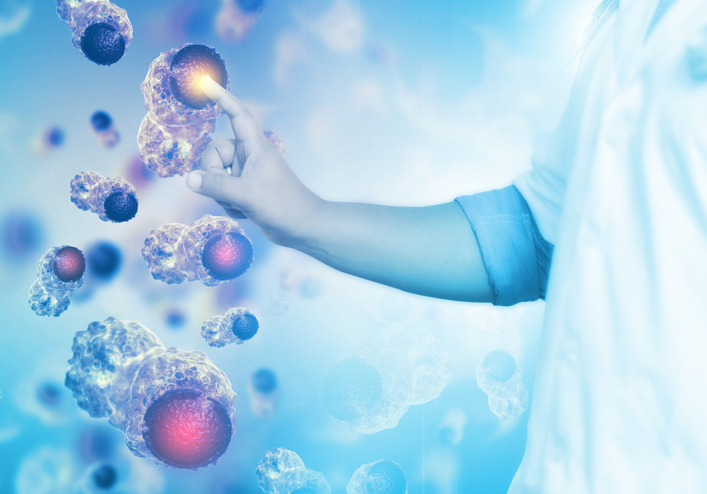 Doctor touch the cancer cells, research and analysis, medical biology laboratory.