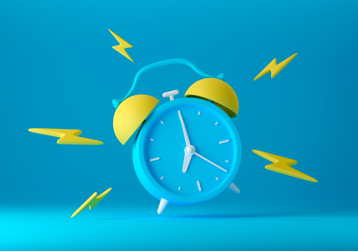 Blue vintage ringing alarm clock with bright yellow lightings on blue background. Modern design, business concept, icon 3d render