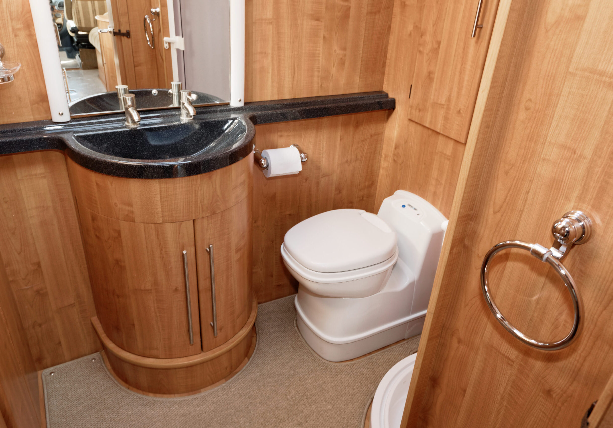 Interior living quarters motor home and motor caravans with sleeping, cooking, living quarters and storage solutions