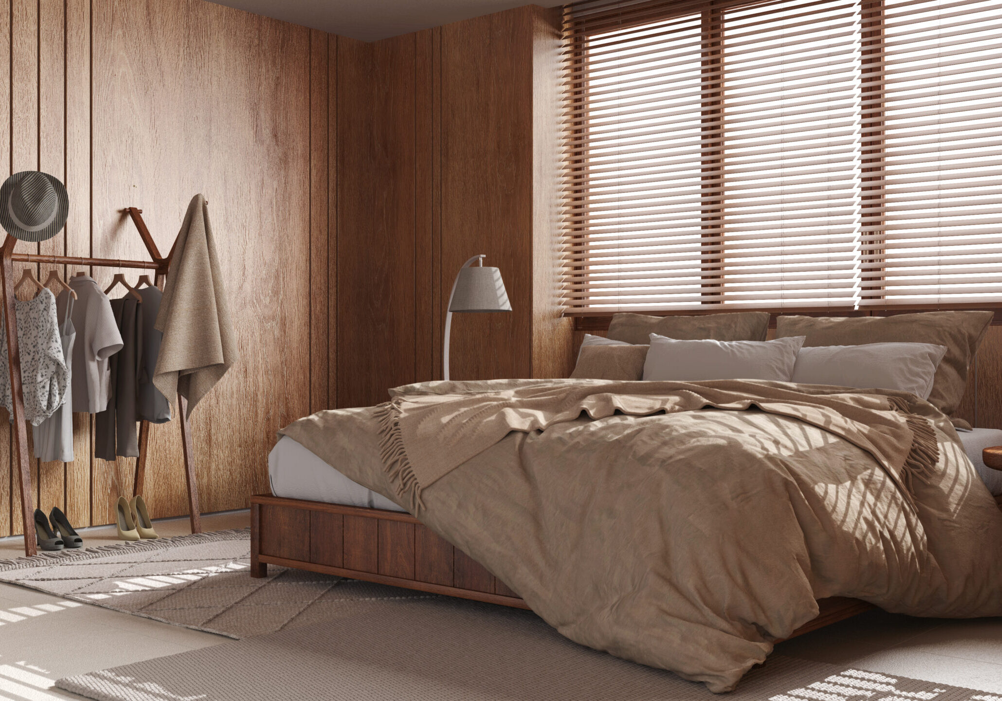 Wooden cozy bedroom in beige tones. Master bed with pillows and duvet, window with venetian blinds, carpets and decors. Minimal interior design