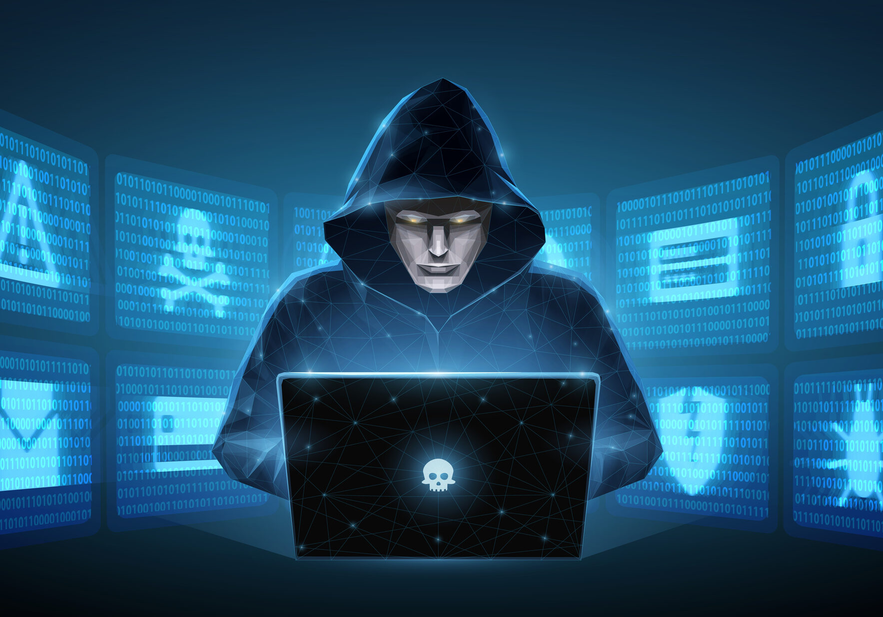 Hacker. Cyber criminal with laptop and related icons behind it. Cyber crime, hacker activity, ddos attack, digital system security, fraud money, cyberattack threat, malware virus alert concept