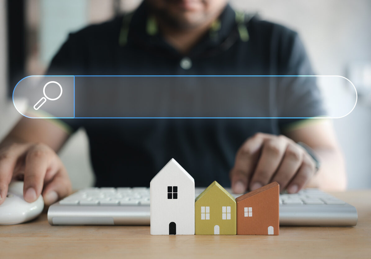 House searching, choice of location for construction, of mortgage, rental housing. construction, sales, lease, home real estate agent business concept. Using searching browsing internet data information.