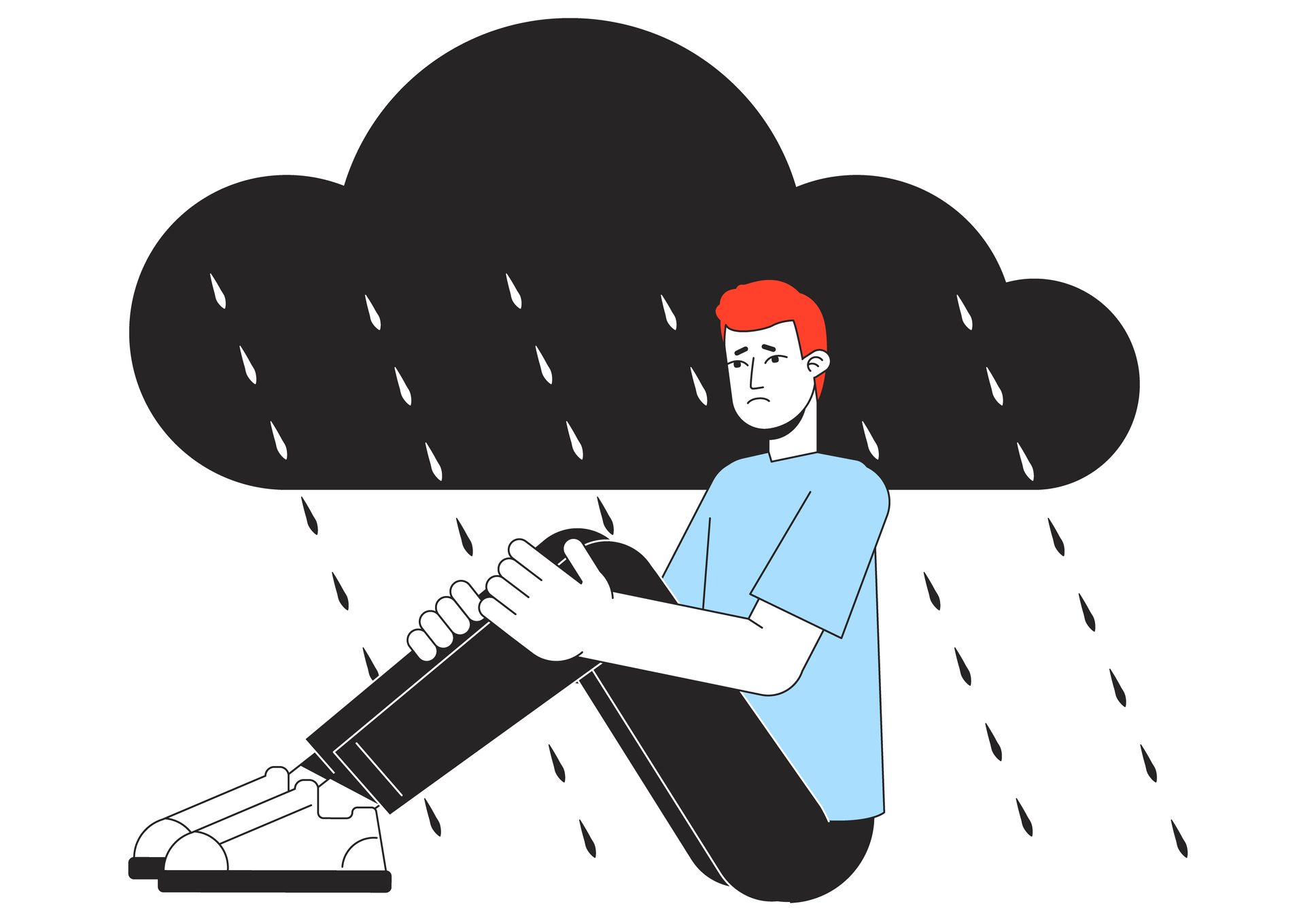 Seasonal affective disorder flat line concept vector spot illustration. Guy feeling upset in rainy day 2D cartoon outline character on white for web app UI design. Sadness editable colorful hero image