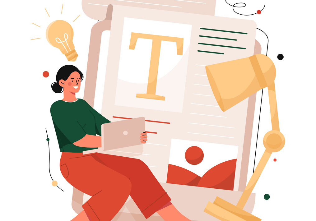 Woman writing article. Copywriter to create interesting content for websites and social networks. Typewriter and talented author. Journalist and freelancer. Cartoon flat vector illustration