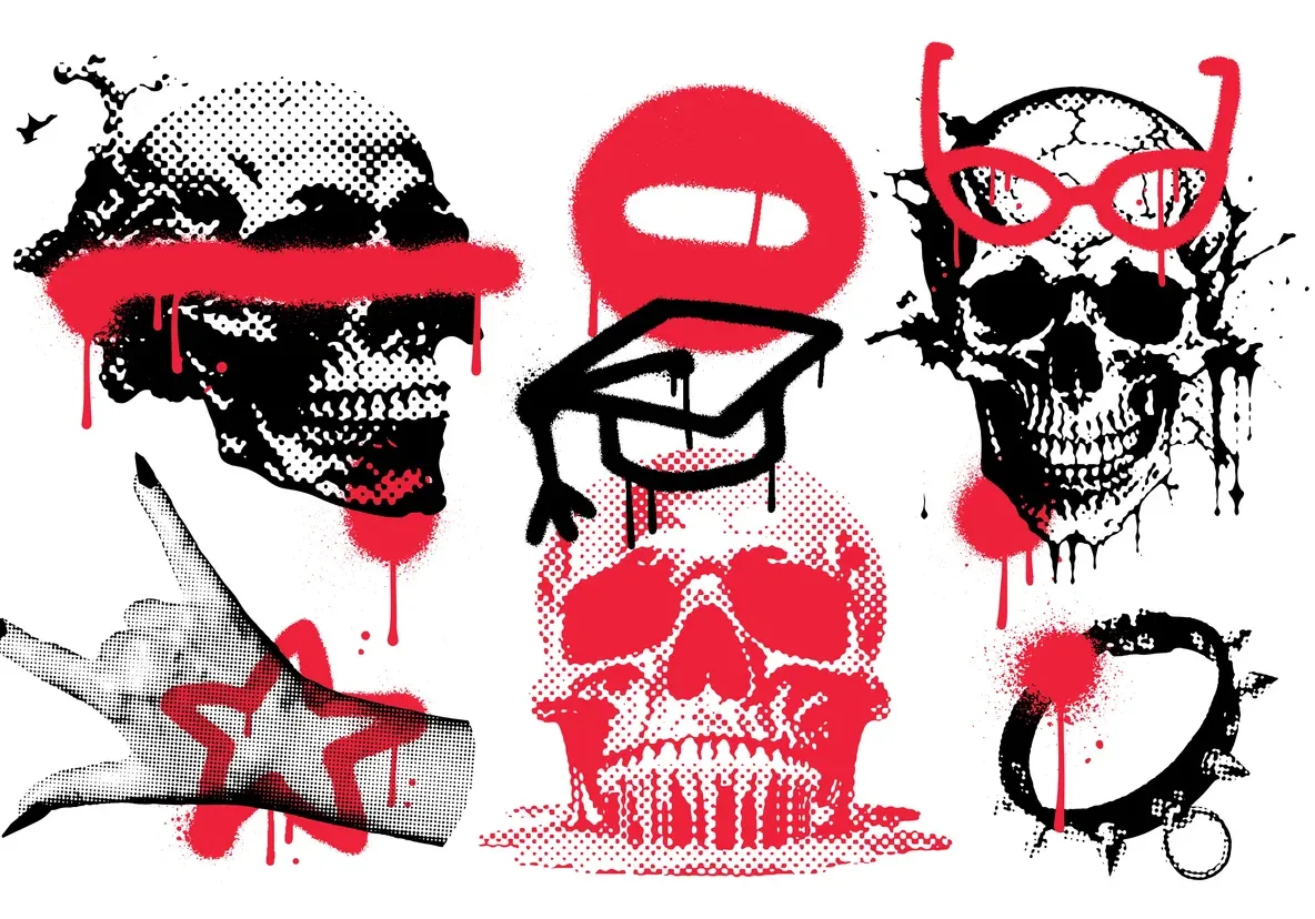 Urban Street Art underground elements - graffiti overspray, star, distorted skulls, for t-shirt, merch, apparel, streetwear. 90s brutal Underground, hip-hop, gangsta acid elements. Vector.