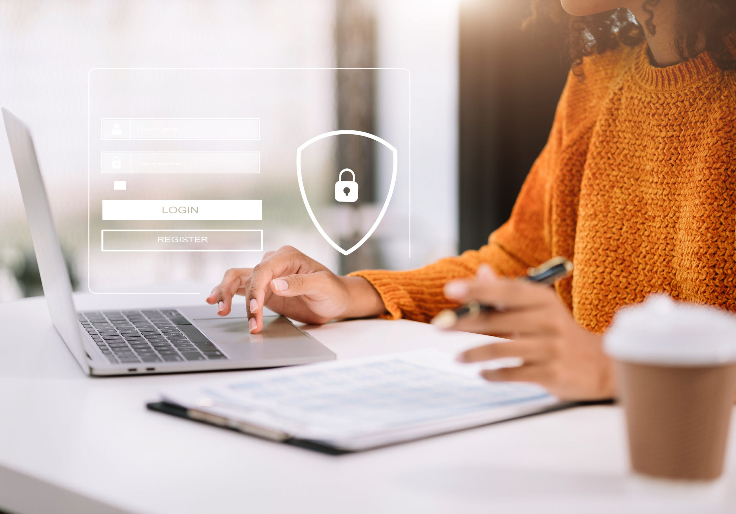 Businessman typing login and password in the concept of cyber security, information security, data protection, and encryption for secure access to user's personal information.