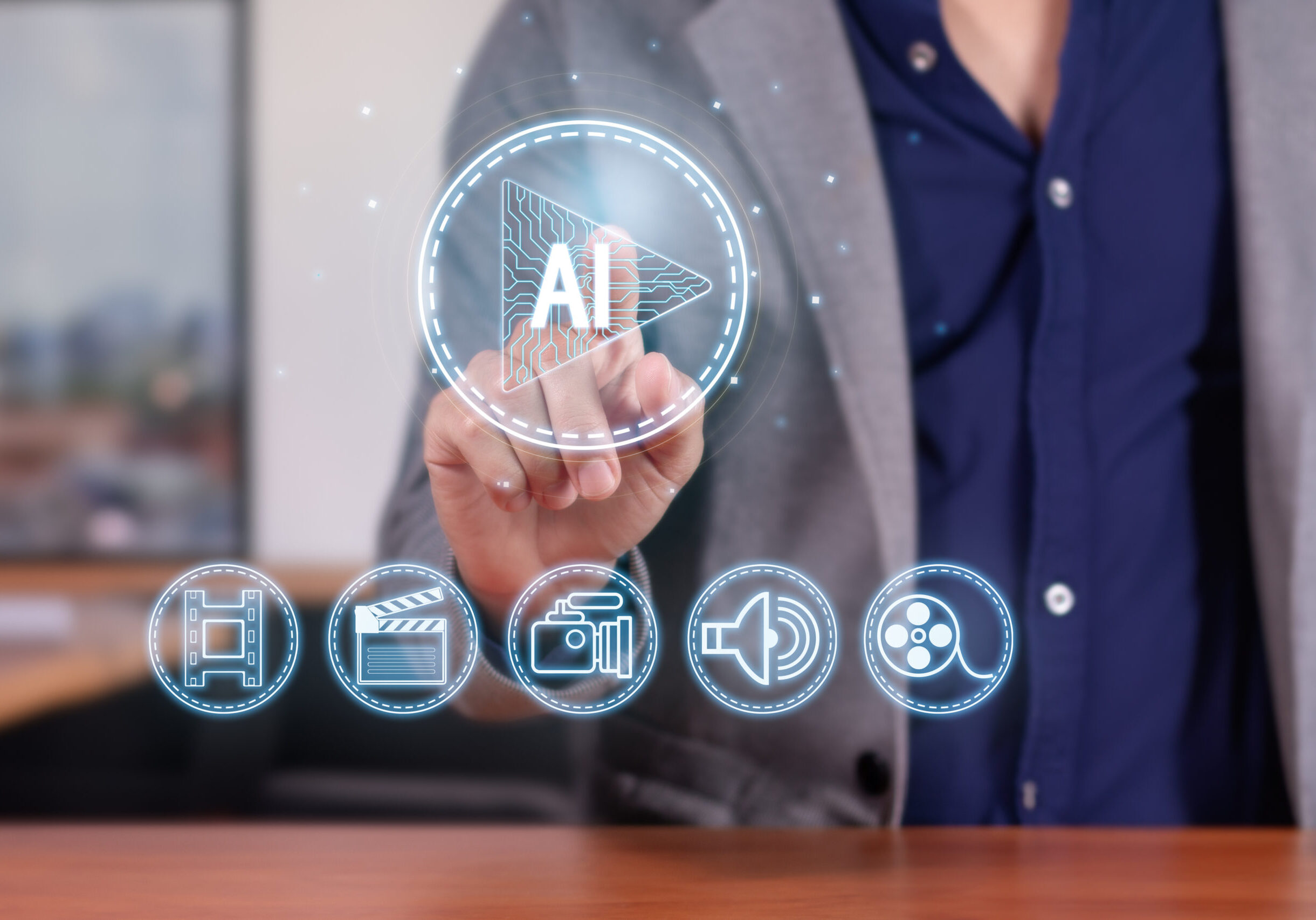 A Man Interacting with AI Video Editing Interface in a Modern Office