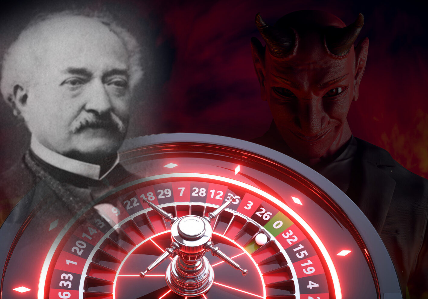 Online Casino Roulette Wheel Gambling Concept With Red Neon Lights - 3D illustration, 3D Realistic Render.