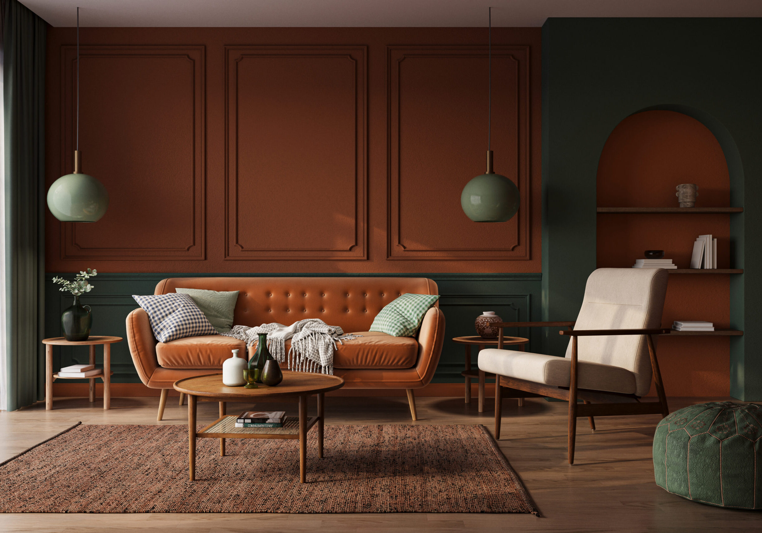 Interior design of modern apartment with colorful dark walls and orange sofa. Interior mockup