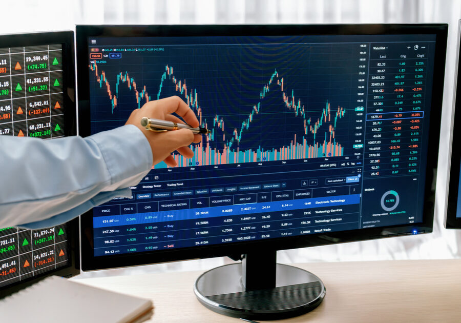 Expert businessman present stock market investment to investor. Burgeoning.